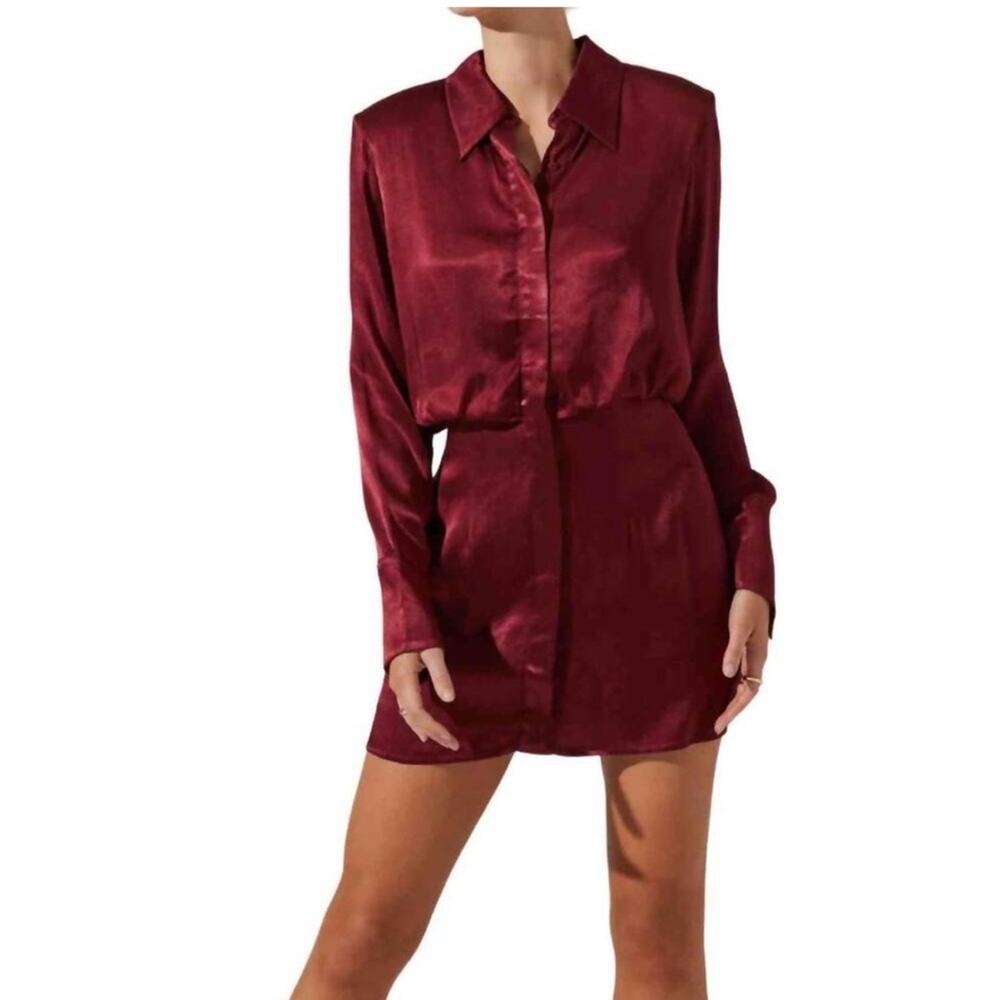 ASTR Ruth maroon wine satin shirt dress size Extra‎ Small XS NWT trendy classic